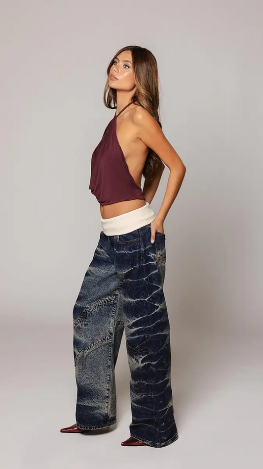 Ocean Blue Waist-Fold Jeans